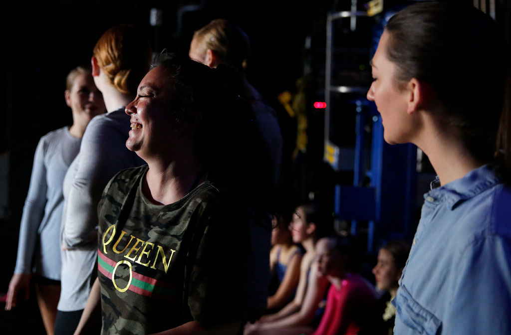 Marisa Shoemaker, left, laughs while talking to Hannah Halwel backstage